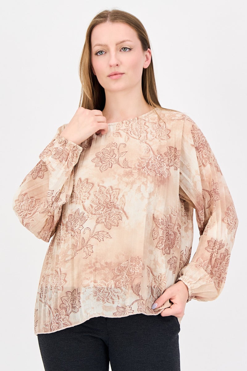 bebe Women Round Neck Floral Print Long Sleeve Blouse, Multicolor - Image 1