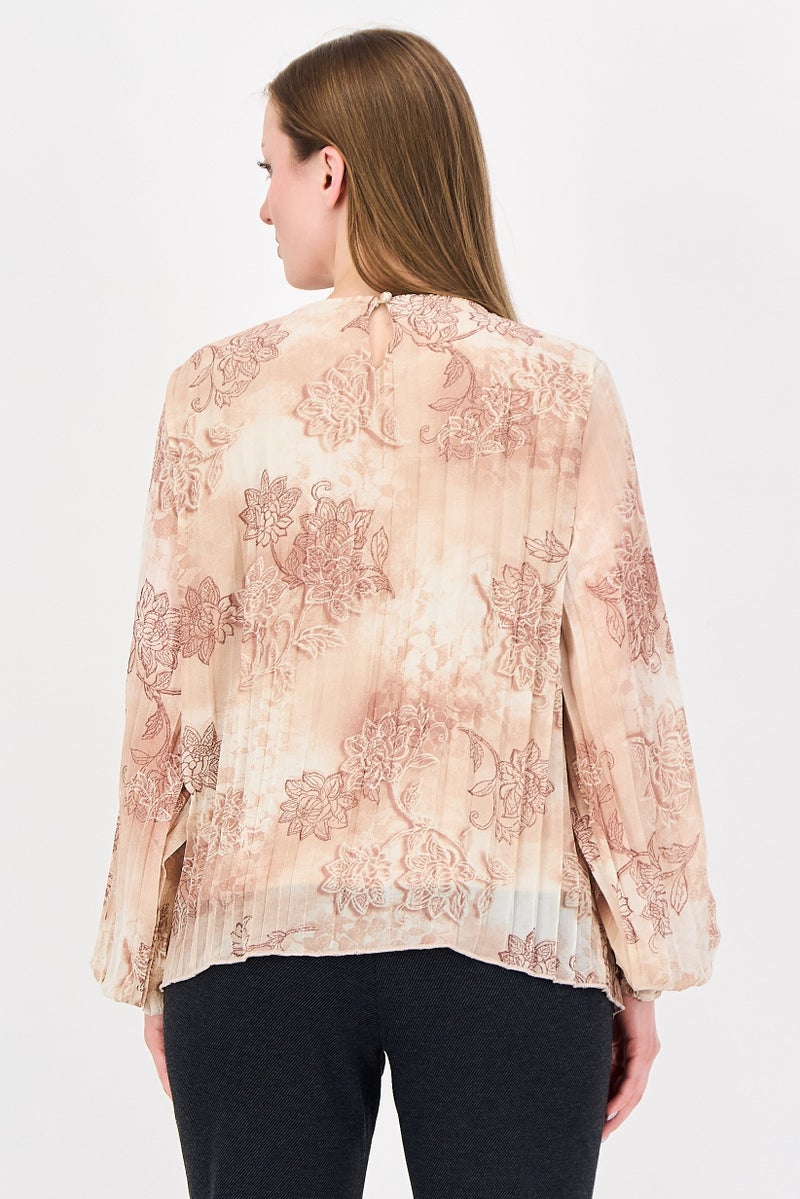 bebe Women Round Neck Floral Print Long Sleeve Blouse, Multicolor - Image 3