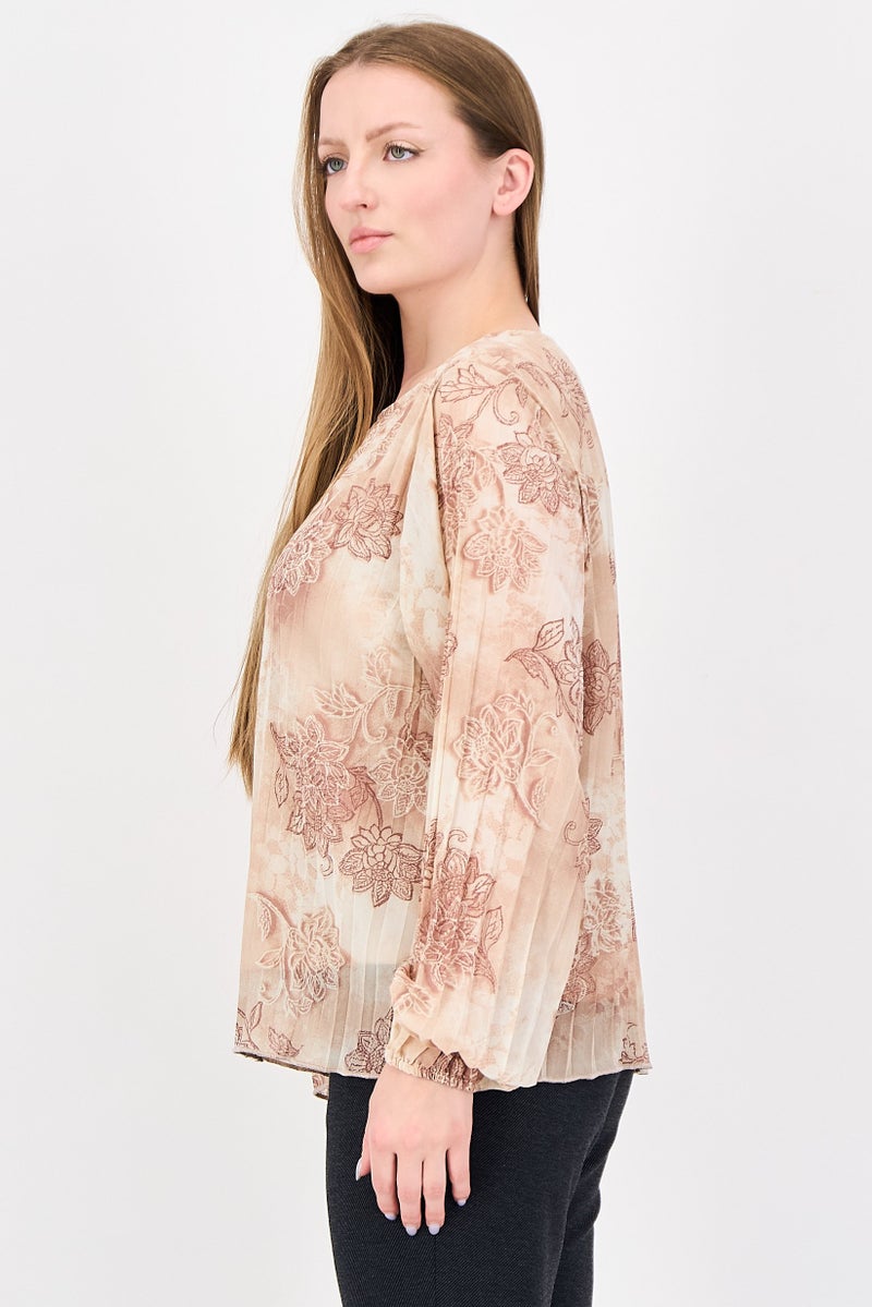 bebe Women Round Neck Floral Print Long Sleeve Blouse, Multicolor - Image 2