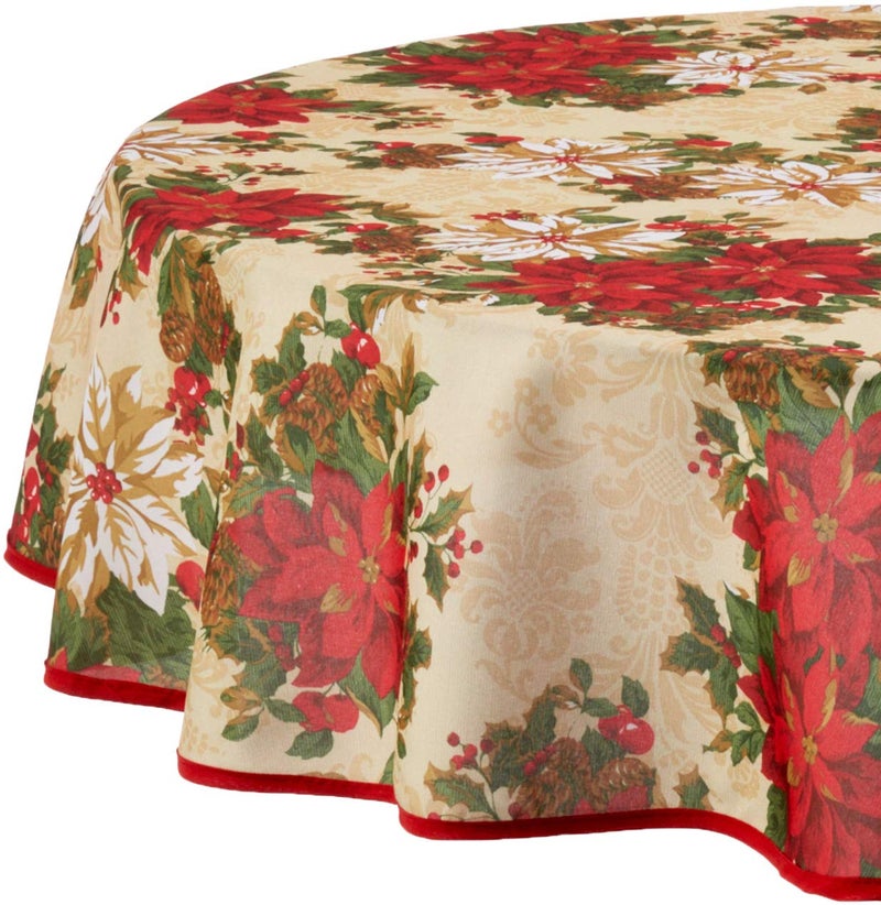 Violet Linen European Holiday Christmas Poinsettia Garden Design Printed Tablecloth Beige 60 Round