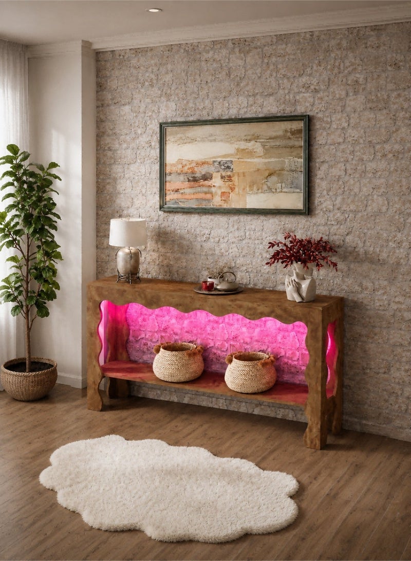 Yanara 160cm Console Table with LED Lights – Modern Rustic Entry Table with Scalloped Edge & Storage Shelf, Accent Narrow Long Sofa Table for Behind Couch, Entryway, Living Room, Light Brown - Image 5
