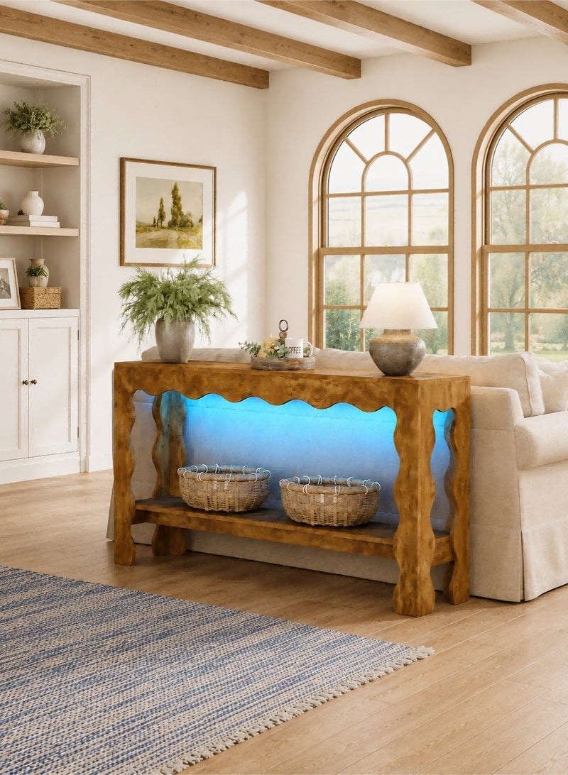Yanara 160cm Console Table with LED Lights – Modern Rustic Entry Table with Scalloped Edge & Storage Shelf, Accent Narrow Long Sofa Table for Behind Couch, Entryway, Living Room, Light Brown - Image 3