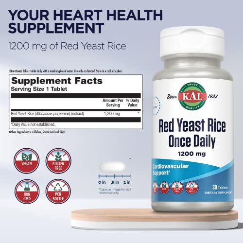 KAL Red Yeast Rice Once Daily 1200mg, Cardiovascular Support* Supplement with Naturally Occurring Unsaturated Fatty Acids, Amino Acids & Phytonutrients, Vegan, Gluten Free, 30 Servings, 30 Tablets - Image 2