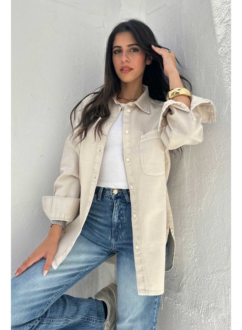 CIZARO Oversized - Denim Stone Beige Shirt  - Image 3