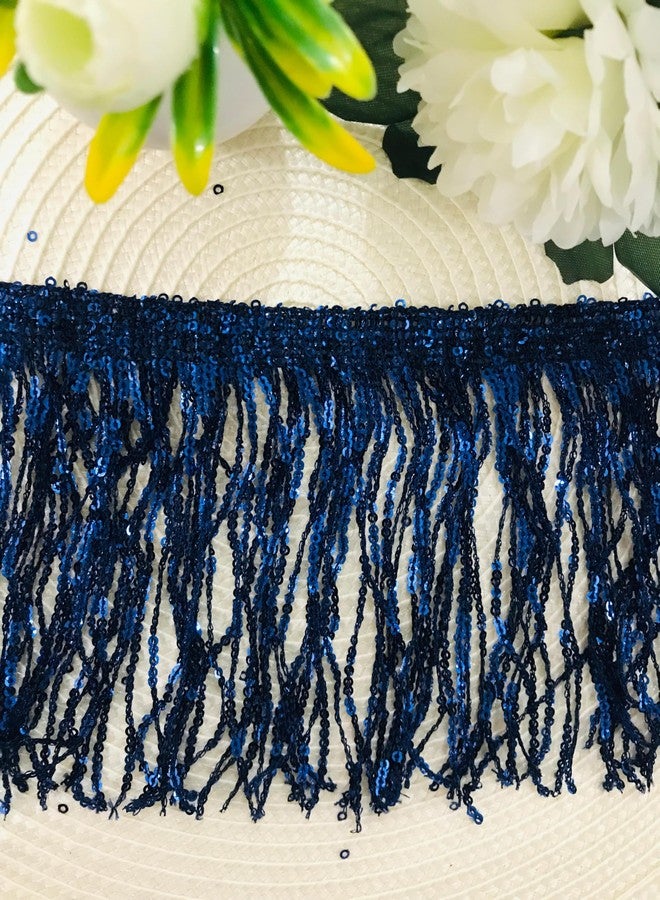PREMDAS LACES شريط دانتيل بريمداس مزين بشرابة ترتر ملونة، شريط دانتيل مزخرف، شرائط هدب، مصنوع يدويًا، مناسب لتزيين ملابس عروض الرقص (طول 3 أمتار) - 6 بوصات (أزرق داكن) - Image 5