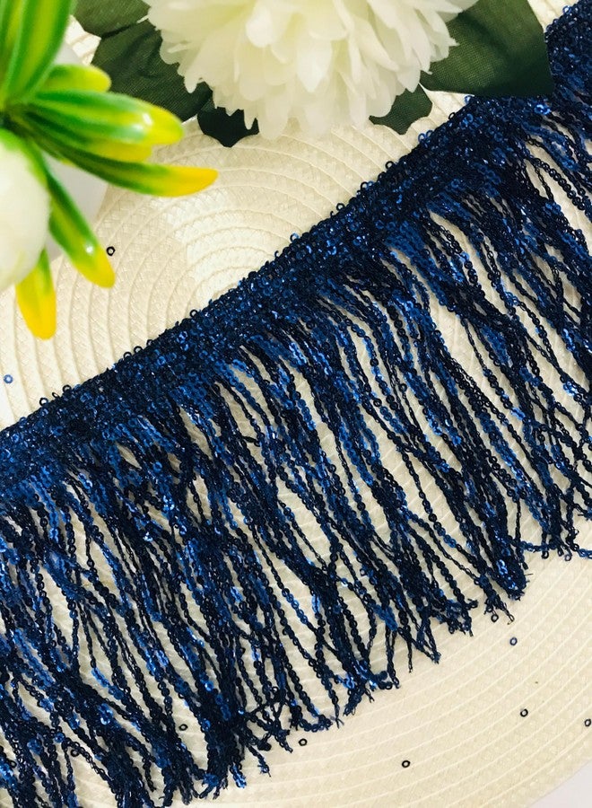PREMDAS LACES شريط دانتيل بريمداس مزين بشرابة ترتر ملونة، شريط دانتيل مزخرف، شرائط هدب، مصنوع يدويًا، مناسب لتزيين ملابس عروض الرقص (طول 3 أمتار) - 6 بوصات (أزرق داكن) - Image 2