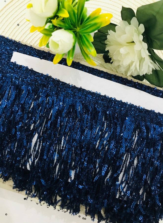 PREMDAS LACES شريط دانتيل بريمداس مزين بشرابة ترتر ملونة، شريط دانتيل مزخرف، شرائط هدب، مصنوع يدويًا، مناسب لتزيين ملابس عروض الرقص (طول 3 أمتار) - 6 بوصات (أزرق داكن) - Image 1