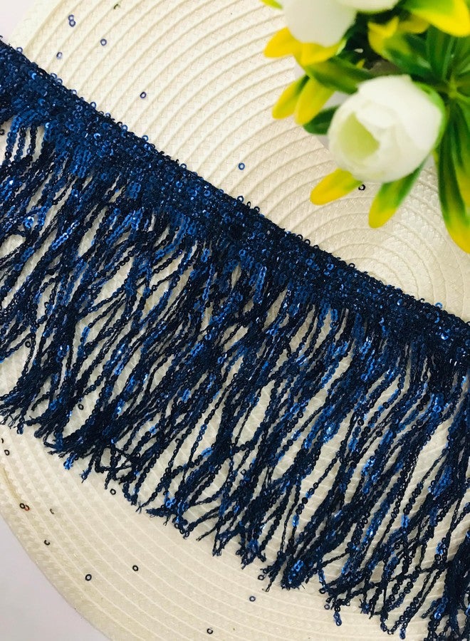 PREMDAS LACES شريط دانتيل بريمداس مزين بشرابة ترتر ملونة، شريط دانتيل مزخرف، شرائط هدب، مصنوع يدويًا، مناسب لتزيين ملابس عروض الرقص (طول 3 أمتار) - 6 بوصات (أزرق داكن) - Image 4