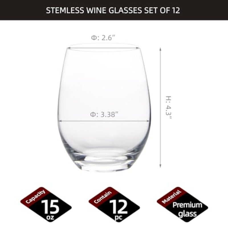 Stemless Wine Glasses Set of 12, 15 Ounce Smooth Rim Standard Wine Glass Tumbler for Red, White Wine, Dishwasher Safe - Image 2