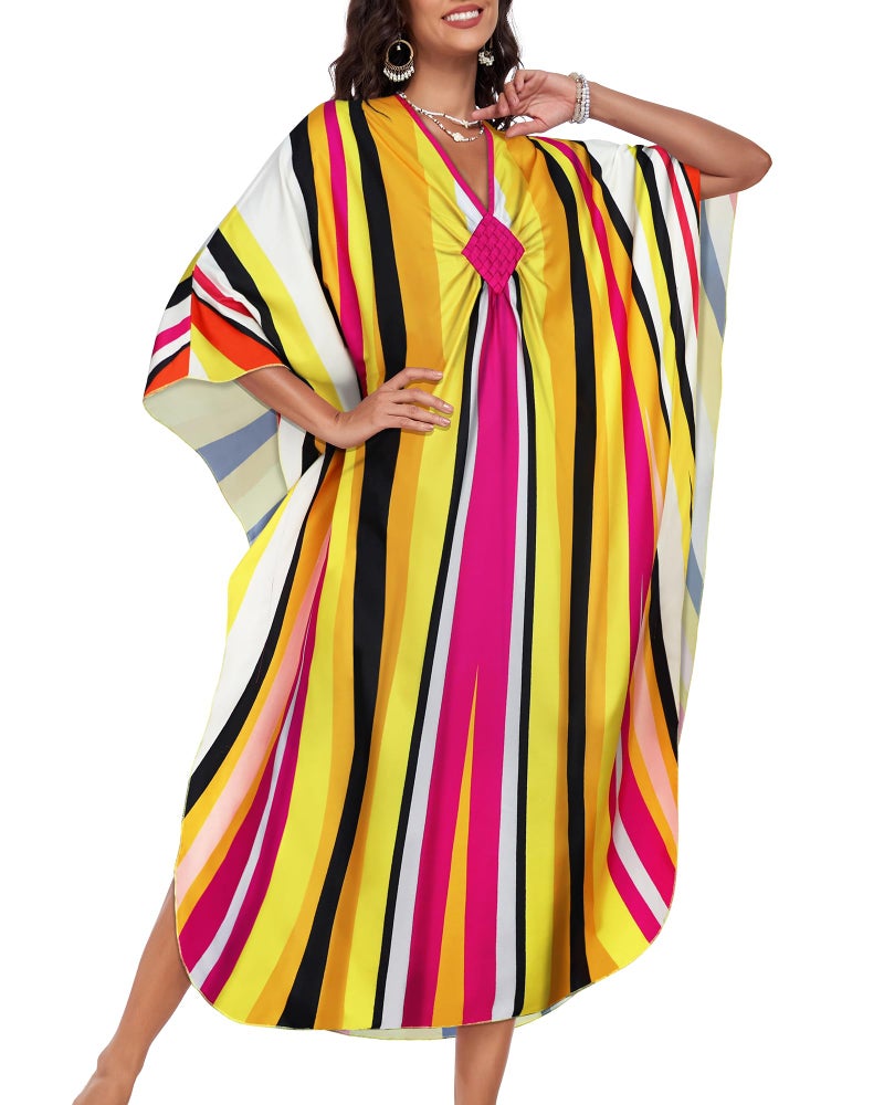 JILUVIN Kaftan Dresses for Women Plus Size V Neck Caftans Long Batwing Sleeve Beach Cover Ups Summer Floral Print Dress (Yellow Stripes,One Size) - Image 3