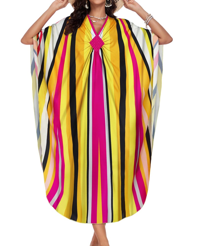 JILUVIN Kaftan Dresses for Women Plus Size V Neck Caftans Long Batwing Sleeve Beach Cover Ups Summer Floral Print Dress (Yellow Stripes,One Size) - Image 5
