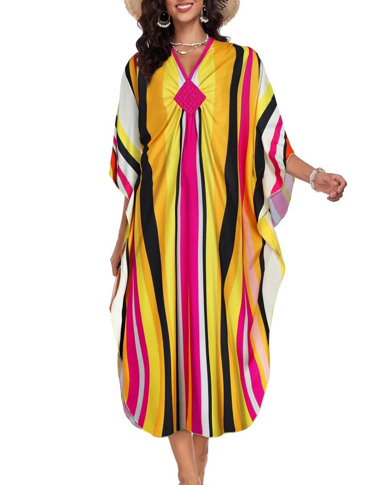 JILUVIN Kaftan Dresses for Women Plus Size V Neck Caftans Long Batwing Sleeve Beach Cover Ups Summer Floral Print Dress (Yellow Stripes,One Size) - Image 4