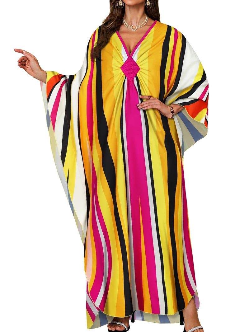 JILUVIN Kaftan Dresses for Women Plus Size V Neck Caftans Long Batwing Sleeve Beach Cover Ups Summer Floral Print Dress (Yellow Stripes,One Size) - Image 1