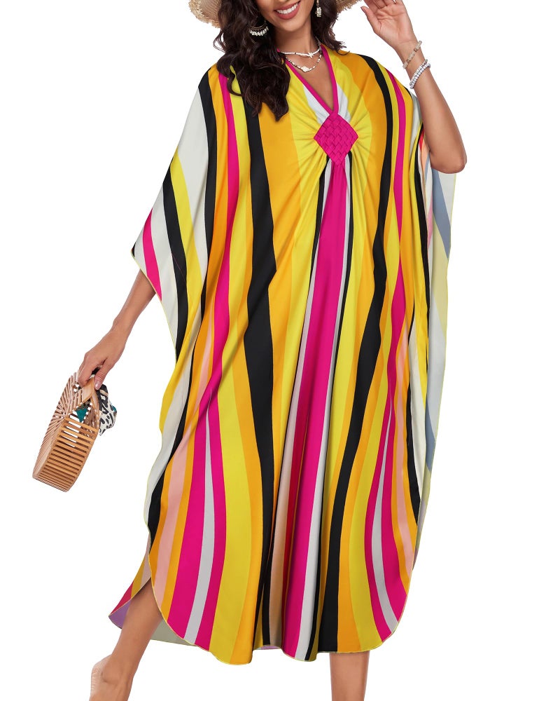 JILUVIN Kaftan Dresses for Women Plus Size V Neck Caftans Long Batwing Sleeve Beach Cover Ups Summer Floral Print Dress (Yellow Stripes,One Size) - Image 2