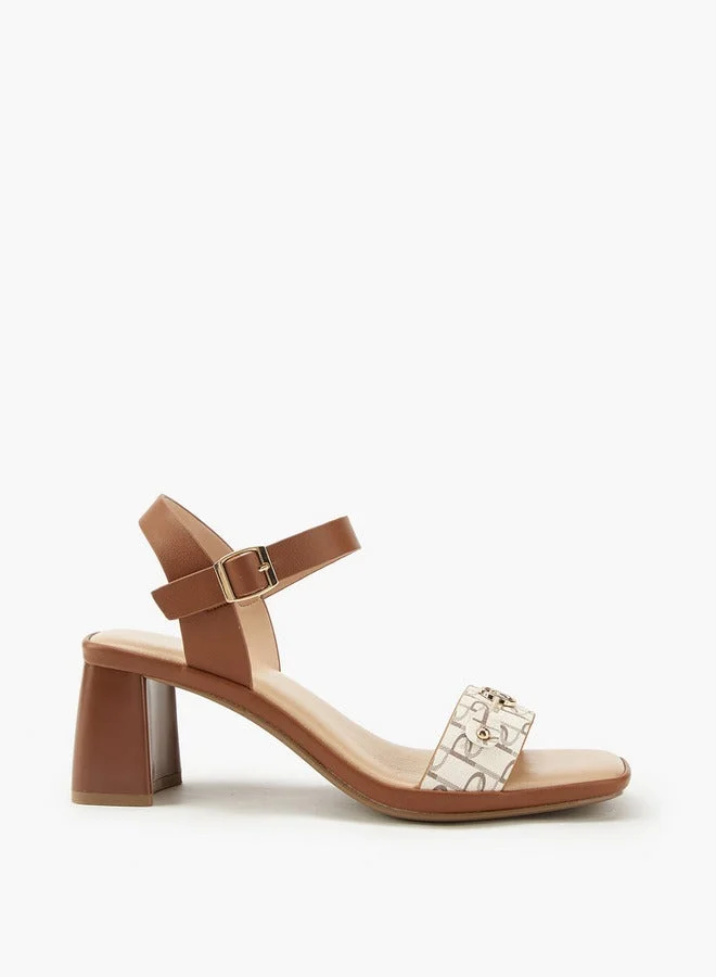 Metal Accent Block Heel Sandals with Buckle Closure