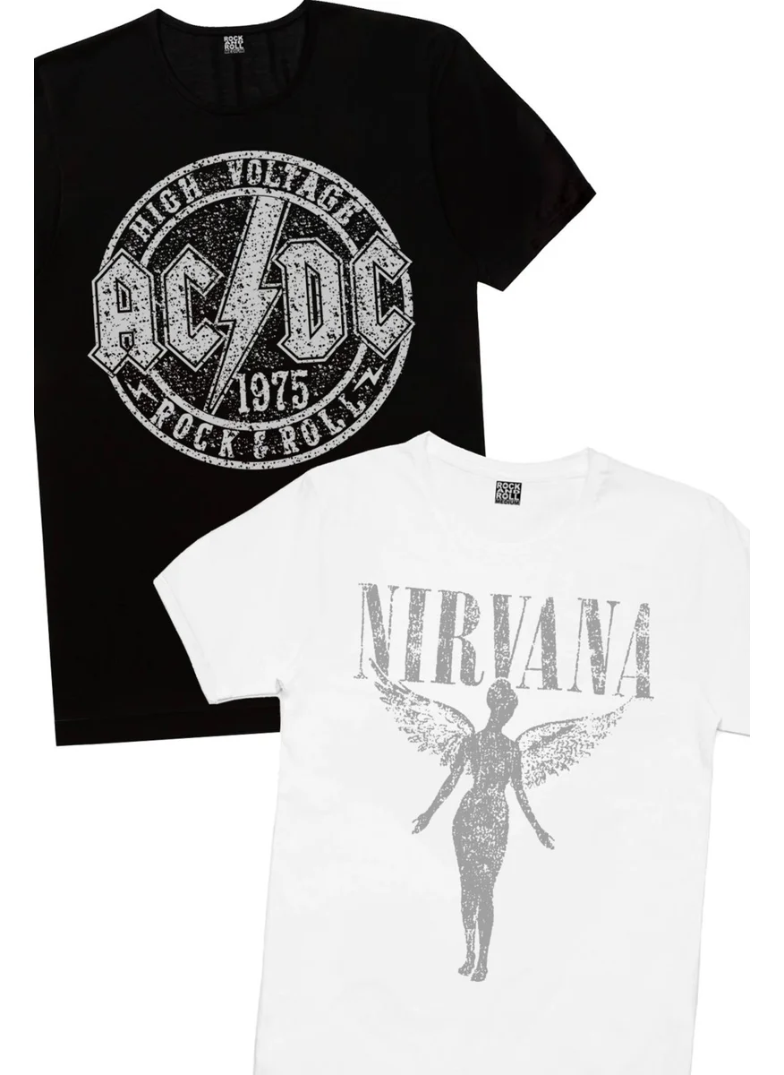 روك اند رول Rock & Roll Flat Acdc Black, White Angel Nirvana 2 Pack Eco T-Shirt