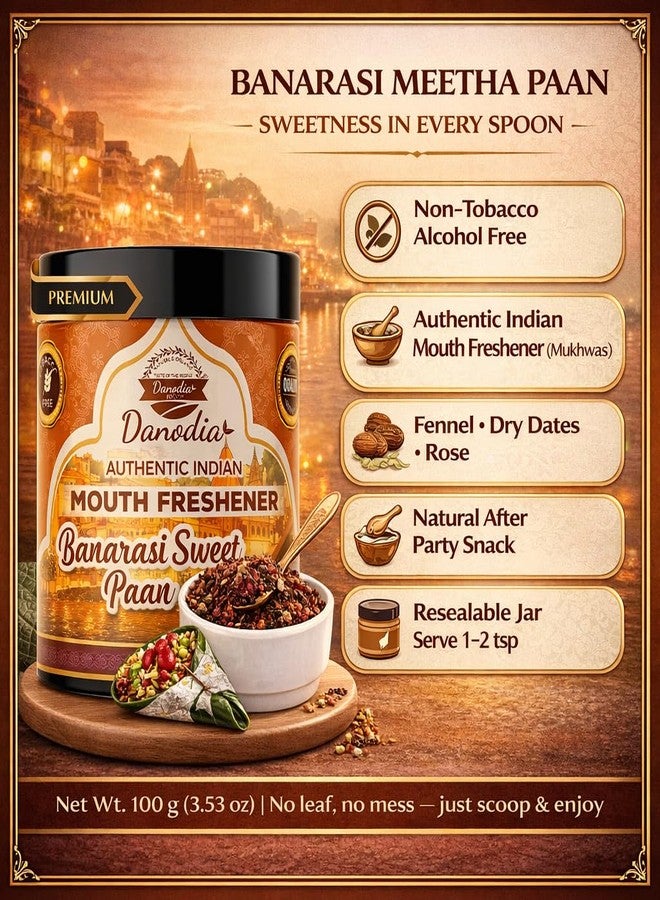دانوديا فودز بناراسي ميتا بان 100 غرام (3.53 أونصة) - معطر فم هندي أصيل (موخواس)، شمر • تمر مجفف • ورد، خالٍ من التبغ والكحول | وجبة خفيفة طبيعية بعد الحفلات - Image 2