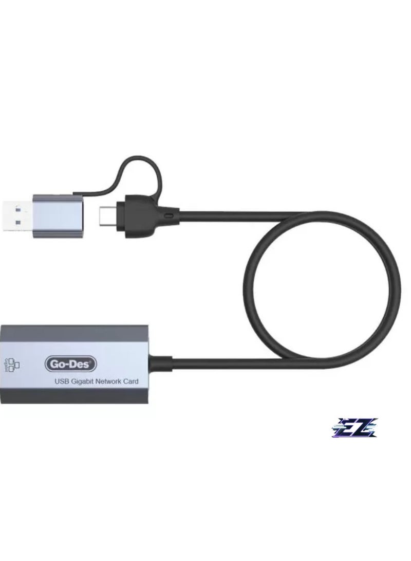 ELTRAZONE 2 in 1 Type-C and USB-A Gigabit Ethernet Converter Cable – 1000Mbps, 50cm with RJ45 Port, Aluminum Alloy Protection, Plug & Play for Windows, Linux, MacOS, and Devices - Image 2