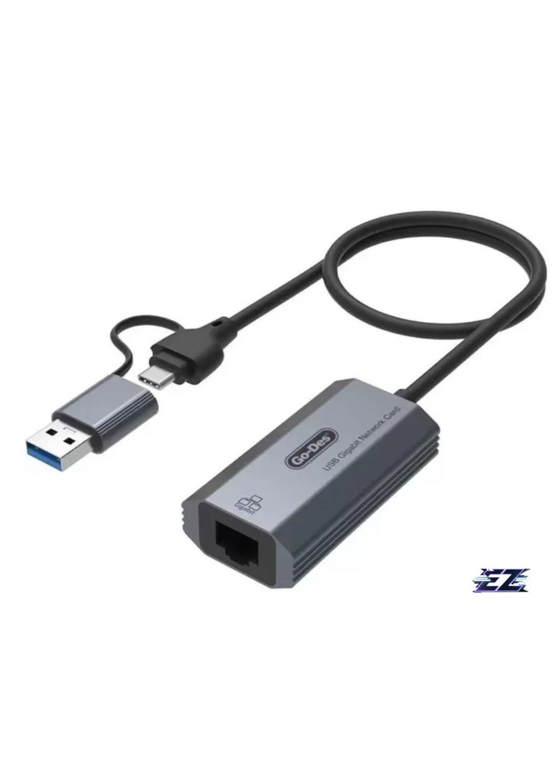 ELTRAZONE 2 in 1 Type-C and USB-A Gigabit Ethernet Converter Cable – 1000Mbps, 50cm with RJ45 Port, Aluminum Alloy Protection, Plug & Play for Windows, Linux, MacOS, and Devices - Image 1