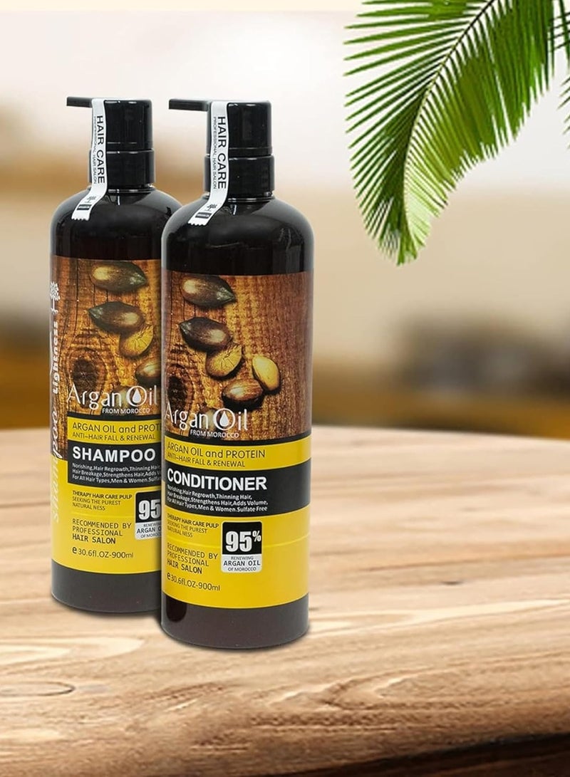 أرغان مجموعة شامبو وبلسم بزيت الأرغان المغربي، مضاد لتساقط الشعر ومجدد له، 900 مل لكل منهما، خالي من الكبريتات، مع بروتين لنمو الشعر وإصلاحه - Image 1