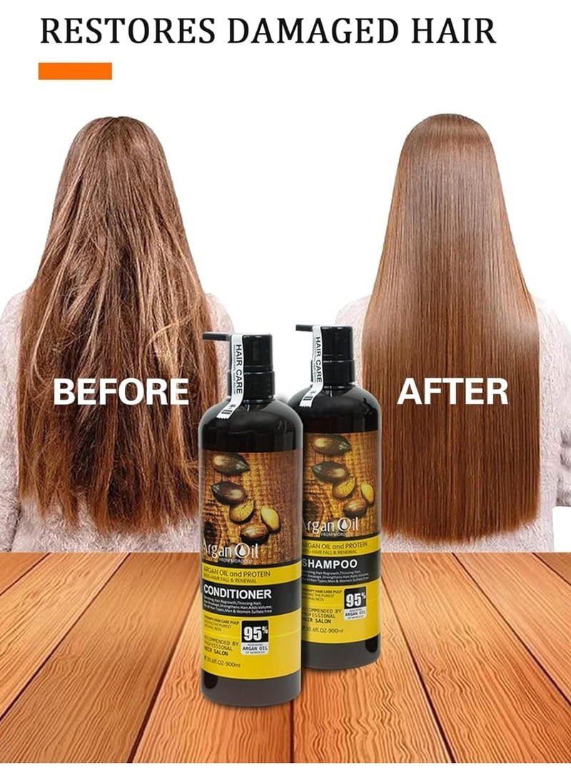 أرغان مجموعة شامبو وبلسم بزيت الأرغان المغربي، مضاد لتساقط الشعر ومجدد له، 900 مل لكل منهما، خالي من الكبريتات، مع بروتين لنمو الشعر وإصلاحه - Image 3