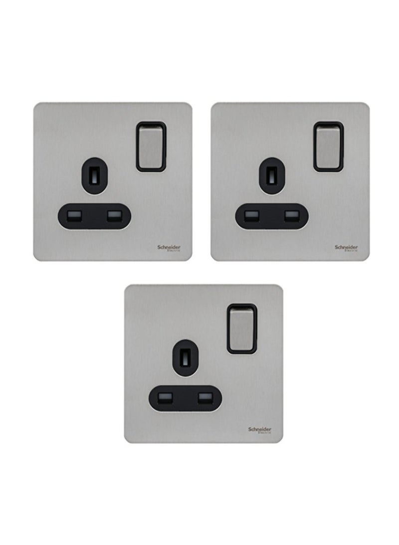Schneider Electric GU3410-BSS 13A 1-Gang Ultimate Screwless Flat Plate Switched Socket, Stainless Steel - Pack of 3