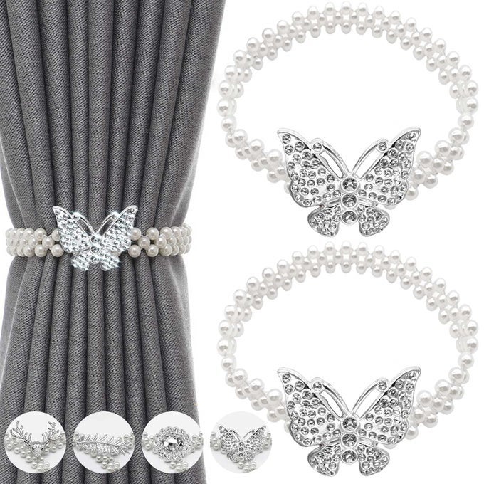 CURTAIN TIE BACKS 2 PCS METAL TIEBACKS WITH CLASSY SMALL PEARL ELASTIC ROPE CURTAINS HOLD HOLDBACKS FOR HOME OFFICE HOTEL WINDOW DRAPE DECO NOINSTALLDRILLHOOKSMAGNETIC SILVER BUTTERFLY