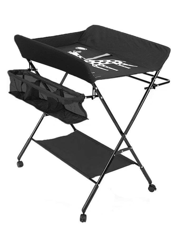 Changing Table, Portable Baby Changing Table Foldable Diaper Changing Station with Safety Belt, Large Storage Rack & Shelf, Nursery Organizer for Newborn Infant ，Black - Image 1