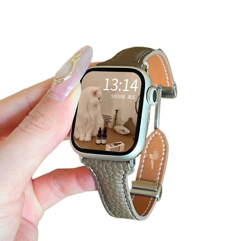 LL White Classic Leather Strap Smartwatch Band Compatible with Apple Watch / SE with Adjustable Fit Replacement Strap for Daily Wear - Image 2