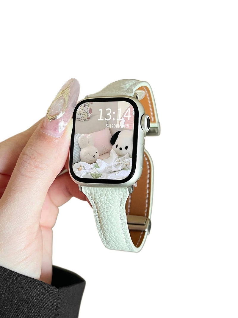 LL White Classic Leather Strap Smartwatch Band Compatible with Apple Watch / SE with Adjustable Fit Replacement Strap for Daily Wear - Image 1