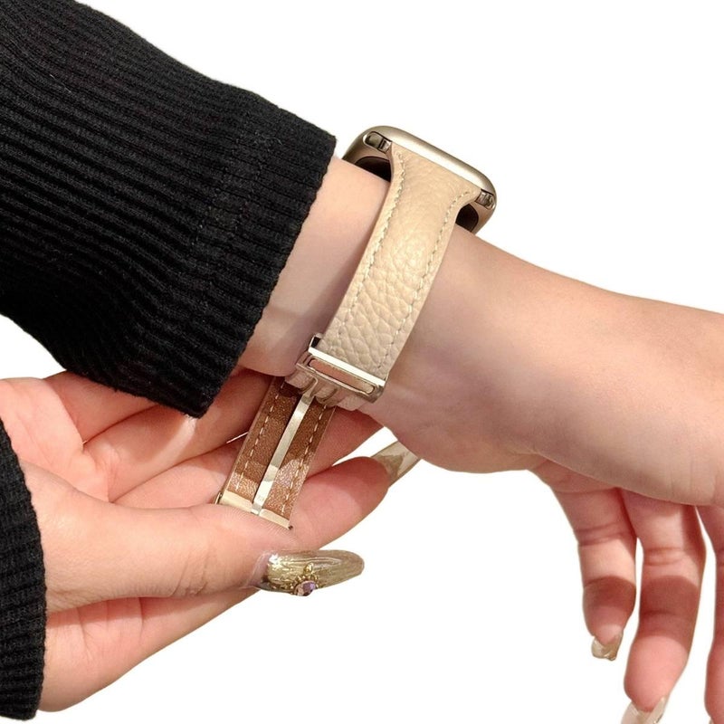 LL White Classic Leather Strap Smartwatch Band Compatible with Apple Watch / SE with Adjustable Fit Replacement Strap for Daily Wear - Image 4