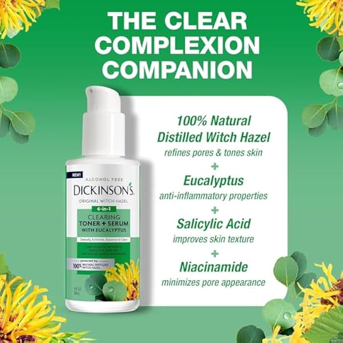 Dickinson's Original Witch Hazel Clearing Toner + Serum with Eucalyptus | 100% Natural Distilled Witch Hazel | Alcohol-Free | Detoxifies & Tones Skin | Unclogs Pores | 4 Fl Oz - Image 3