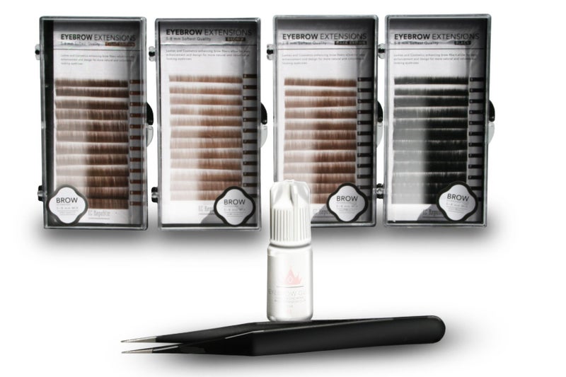 KC Republic Eyebrow Extensions Kit with 4 Trays of Mink Eyebrows in Blonde/Light Brown, Brown, Dark Brown, Black, Comes on Mixed Length Trays 5-8 Mm Mix, Eyebrow Extension Glue & Extension Tweezers - Image 1