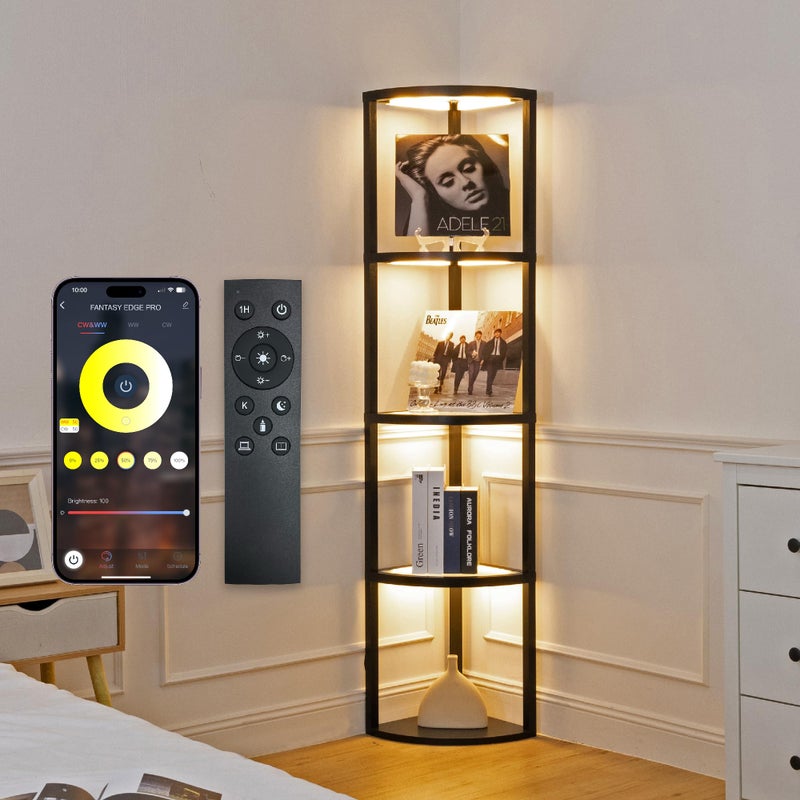 FENLO Corner Floor Lamp with Shelves Dimmable LED Corner Shelf with Lights Standing Lamp for Living Room Shelf Lamp with Full Brightness Control Color Changing Temps and Reinforced Glass