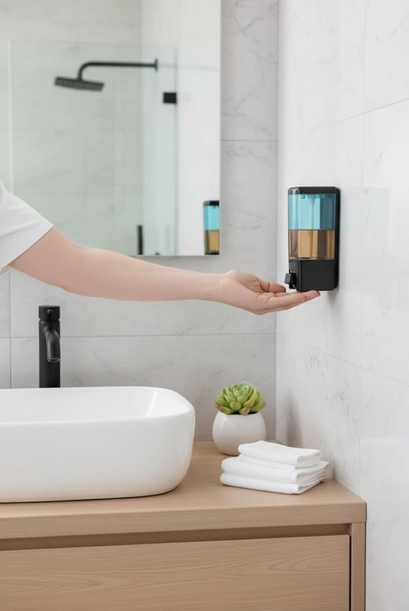 BATH GURU موزع سائل صابون مثبت على الحائط من بلاستيك ABS لحوض الغسيل، للحمام والمطبخ 460 مل، أسود وأزرق شفاف - Image 3