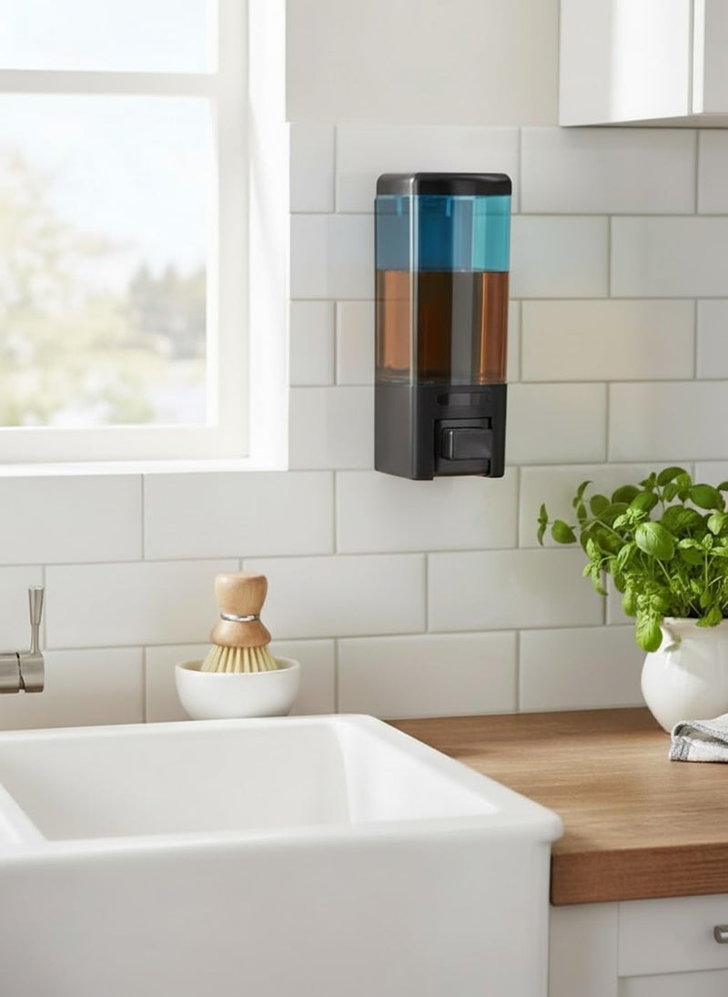 BATH GURU موزع سائل صابون مثبت على الحائط من بلاستيك ABS لحوض الغسيل، للحمام والمطبخ 460 مل، أسود وأزرق شفاف - Image 2