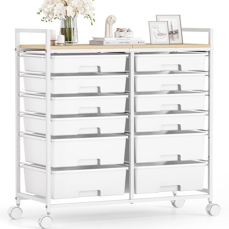 TOOLF Rolling Storage Cart with 12 Drawers, Wooden Tabletop Utility Cart for Craft Storage, Art Supply Storage & Home Office Organization, Teacher Cart with Wheels for Classroom, School (White) - Image 1