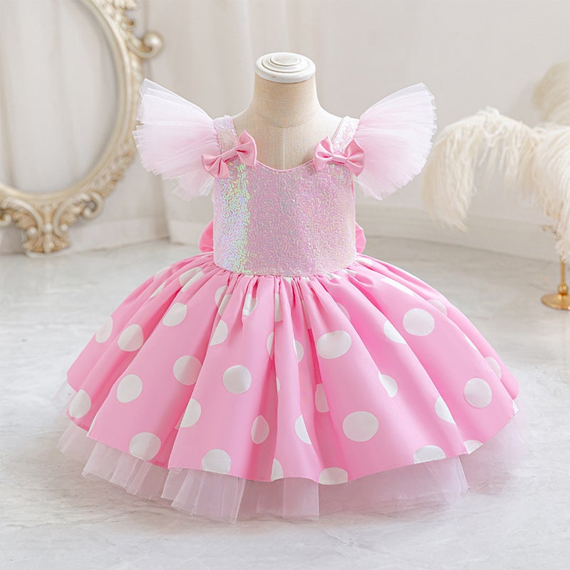 Cross-Border Girls Flying Sleeve Princess Dress Childrens First Birthday Dinner Tutu Skirt Flower Girl Wedding Banquet Dress Childrens Dress Pink
