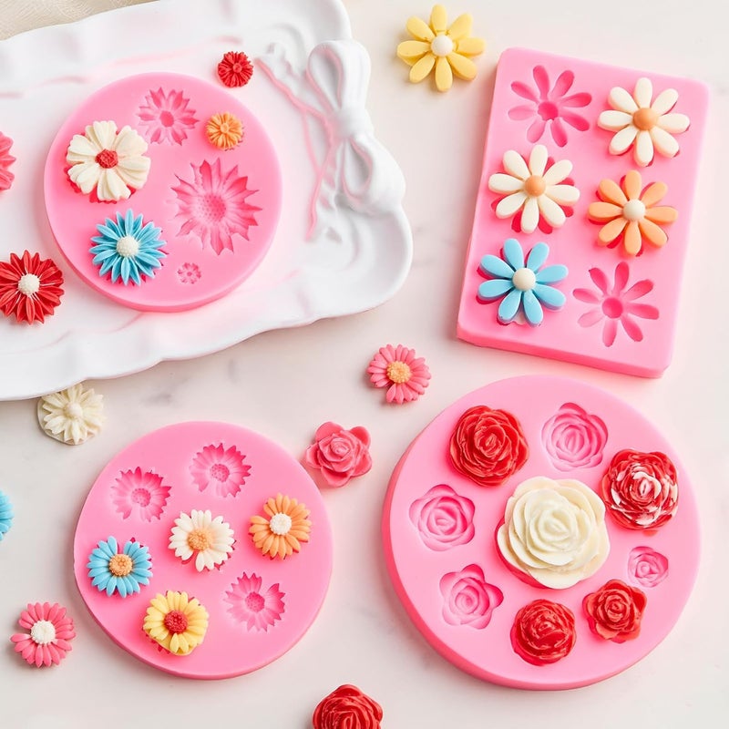 Puyeipt 4 Pcs Flower Silicone Fondant Molds, Daisy Rose Flower Chocolate Candy Molds for Cupcake Topper, Cake Pop Decoration and Clay Craft Making - Image 5