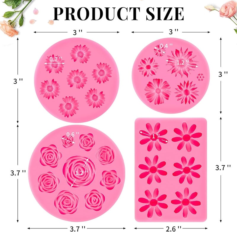 Puyeipt 4 Pcs Flower Silicone Fondant Molds, Daisy Rose Flower Chocolate Candy Molds for Cupcake Topper, Cake Pop Decoration and Clay Craft Making - Image 2