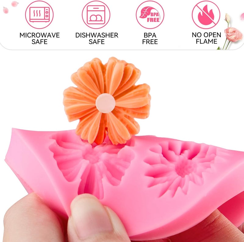 Puyeipt 4 Pcs Flower Silicone Fondant Molds, Daisy Rose Flower Chocolate Candy Molds for Cupcake Topper, Cake Pop Decoration and Clay Craft Making - Image 3