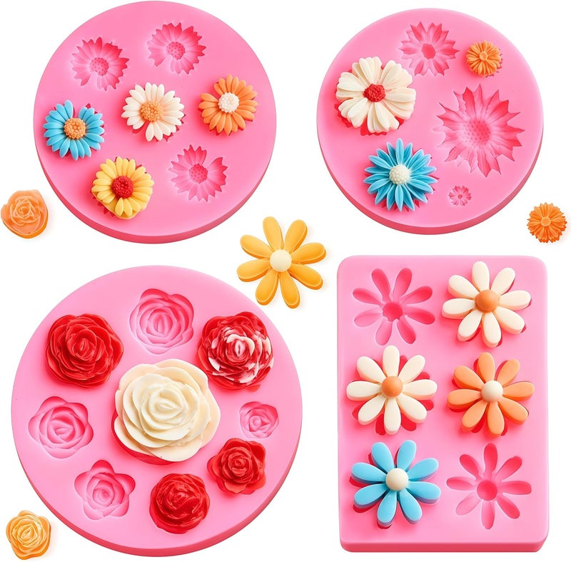 Puyeipt 4 Pcs Flower Silicone Fondant Molds, Daisy Rose Flower Chocolate Candy Molds for Cupcake Topper, Cake Pop Decoration and Clay Craft Making - Image 1