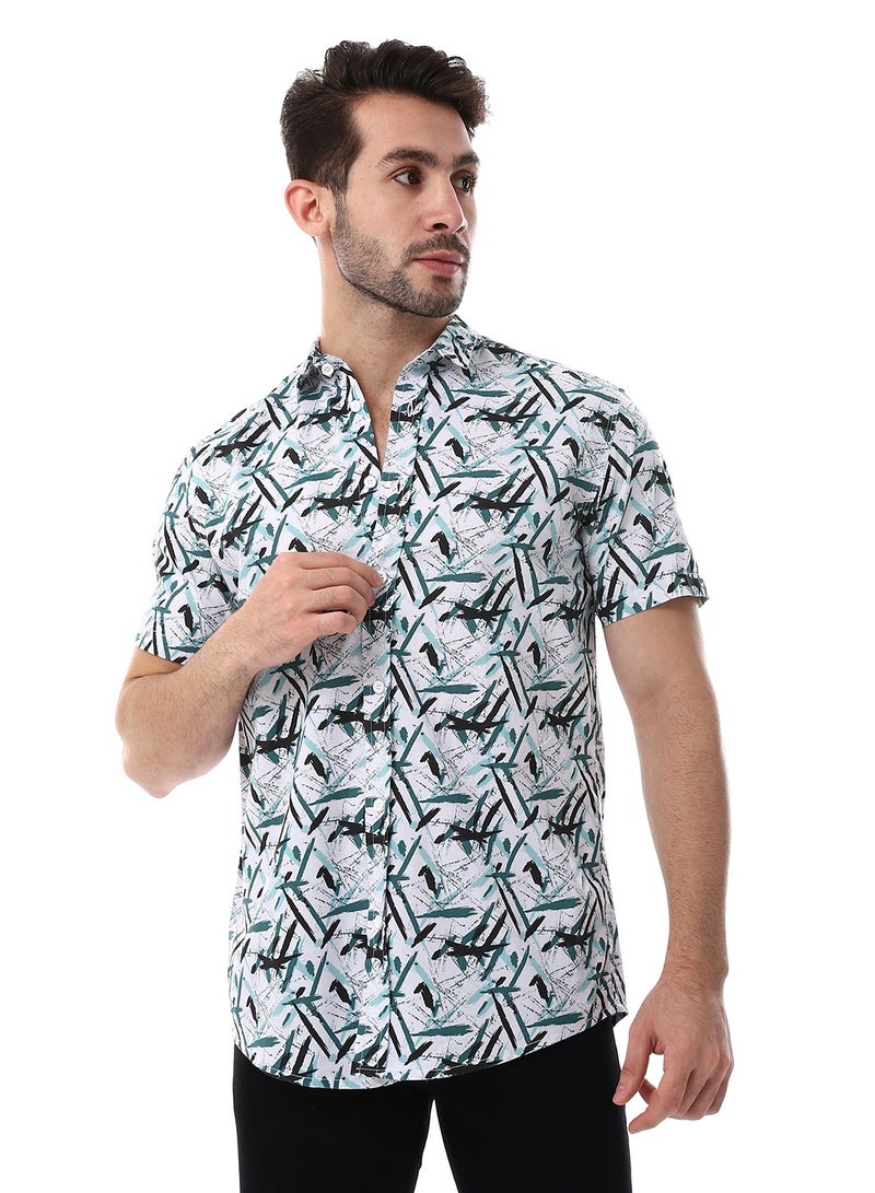 WHITE RABBIT Self Pattern Turn Down Collar Shirt - White, Black & Green - Image 1