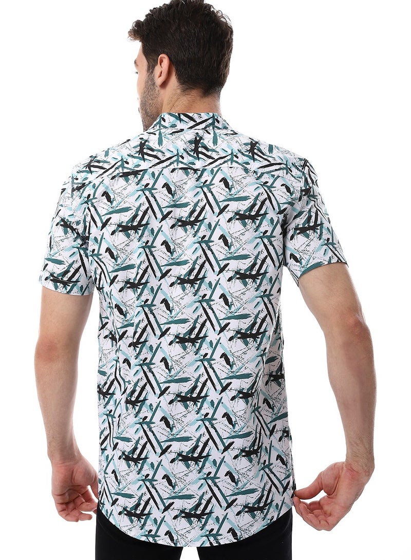 WHITE RABBIT Self Pattern Turn Down Collar Shirt - White, Black & Green - Image 3