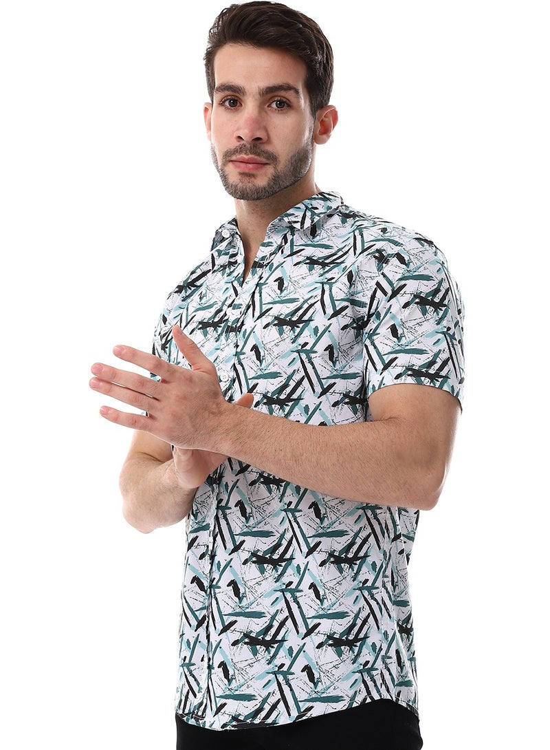 WHITE RABBIT Self Pattern Turn Down Collar Shirt - White, Black & Green - Image 2