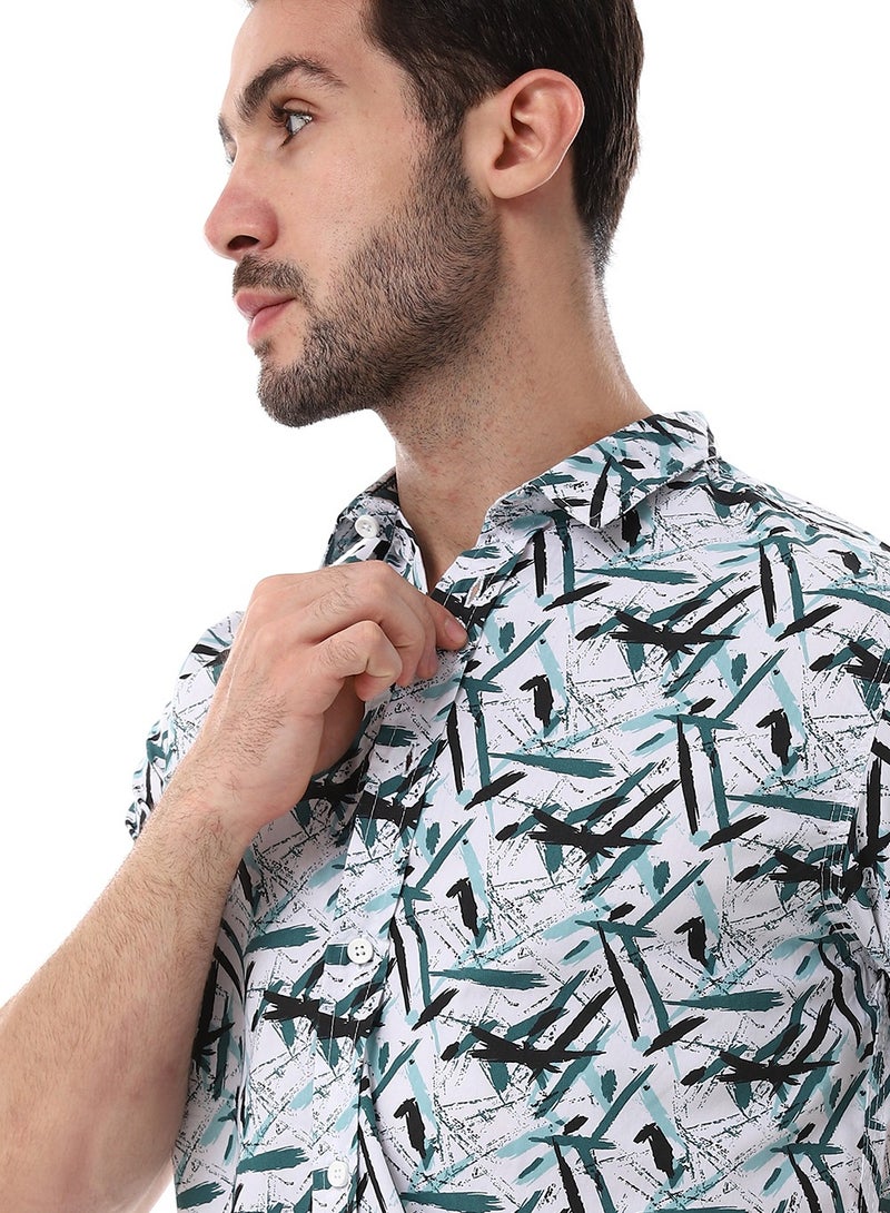 WHITE RABBIT Self Pattern Turn Down Collar Shirt - White, Black & Green - Image 4
