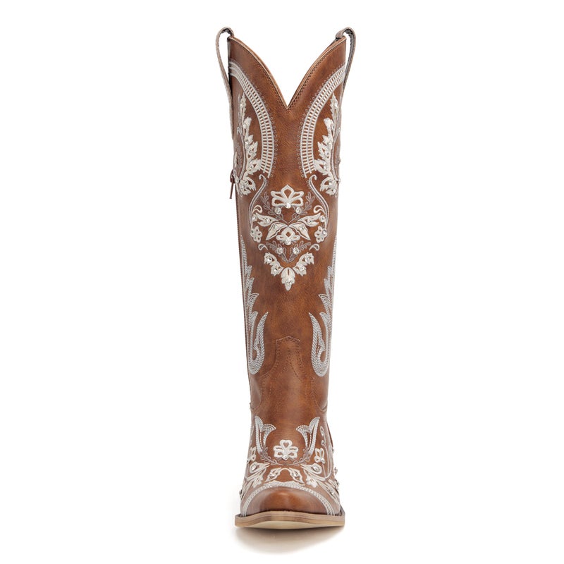 vodvob Western Cowboy Boots for Women Embroidered Rhinestones Knee High Cowgirl Boots Pointed Toe Chunky Heel Fashion Retro Classic Tall Boot - Image 4