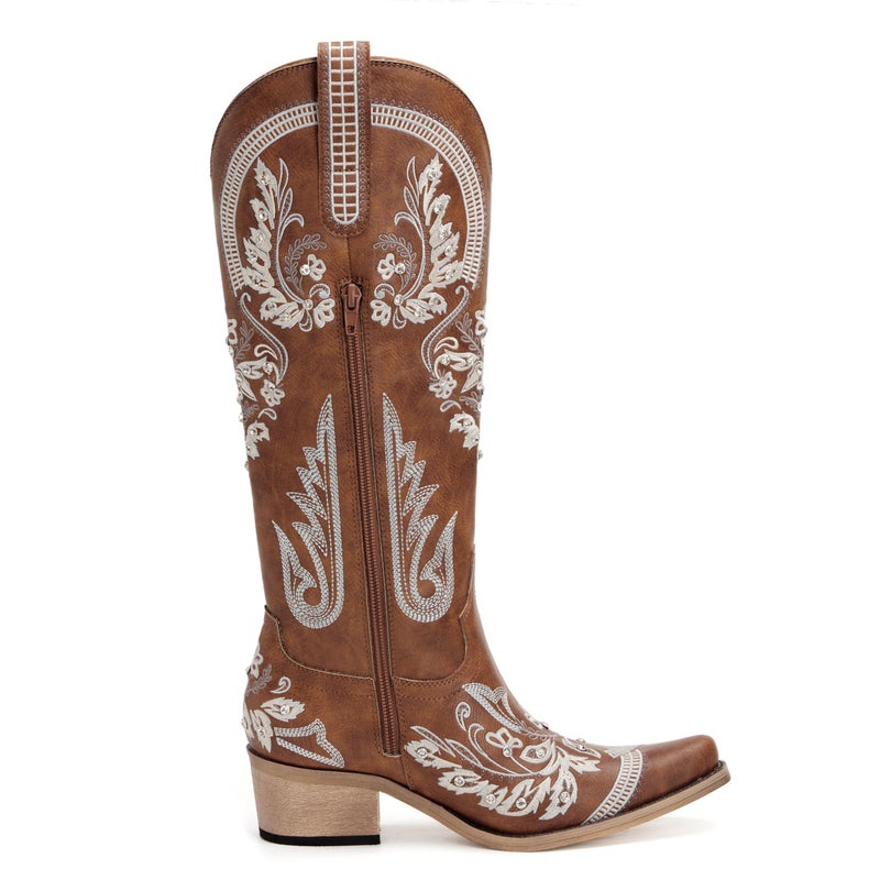 vodvob Western Cowboy Boots for Women Embroidered Rhinestones Knee High Cowgirl Boots Pointed Toe Chunky Heel Fashion Retro Classic Tall Boot - Image 3