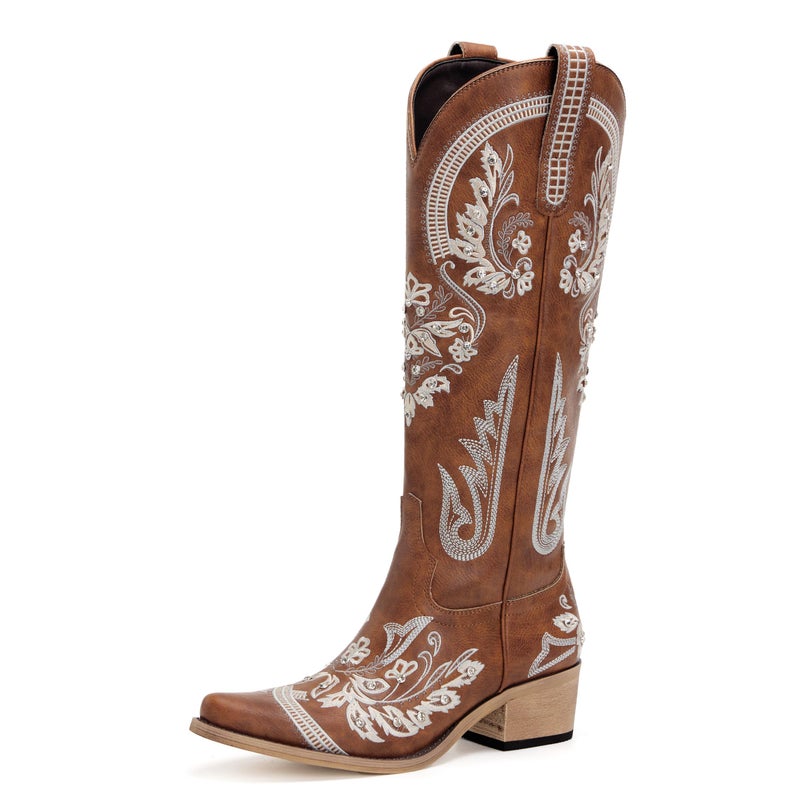 vodvob Western Cowboy Boots for Women Embroidered Rhinestones Knee High Cowgirl Boots Pointed Toe Chunky Heel Fashion Retro Classic Tall Boot - Image 1