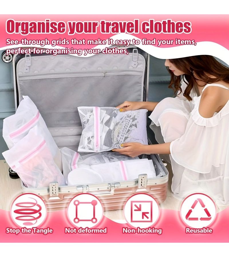 Pink Zipper 6 Piece Mesh Laundry Bag Set 2 Large 2 Medium 2 Small For Travel Organizing And Delicate Washing - Image 2